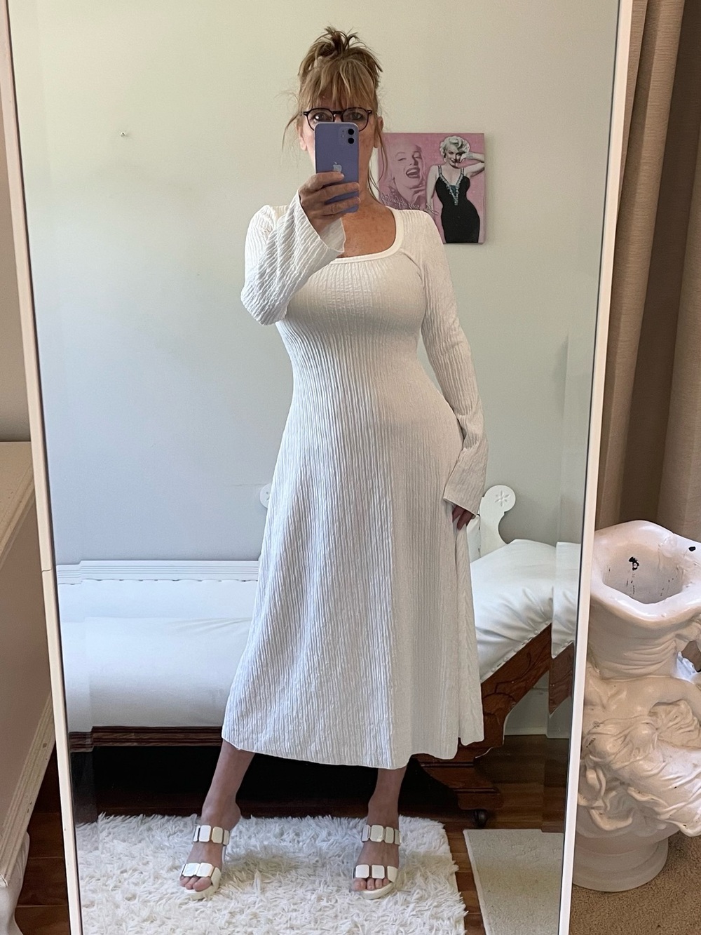 WHITE LONG SLEEVE SCOOP NECK MIDI DRESS BACK CORSET TIE STRETCH CRINKLE TEXTURE